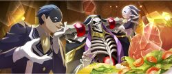 2others ainz_ooal_gown ascot black_hair black_jacket black_mask black_robe black_suit buttons creature crossover double-breasted food formal_clothes from_below game_cg gloves hair_slicked_back half_mask hand_on_own_chin highres holding holding_creature indoors jacket jewelry kono_subarashii_sekai_ni_shukufuku_wo! konosuba!_fantastic_days lich looking_at_another looking_at_creature mask multiple_others multiple_rings official_art open_mouth orb overlord_(maruyama) red_eyes ring robe short_hair sitting skeleton suit suit_jacket talking two-tone_mask undead vanir white_gloves white_mask yellow_ascot