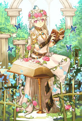 Rule 34 | 1girl, absurdres, black legwear, book, breasts, bridal gauntlets, bug, butterfly, cleavage, dress, flower, hair flower, hair ornament, head wreath, highres, holding, holding book, bug, kibamigohann, long hair, looking at viewer, medium breasts, open book, original, outdoors, parted lips, pink eyes, pink flower, pointy ears, silver hair, sitting, solo, white dress