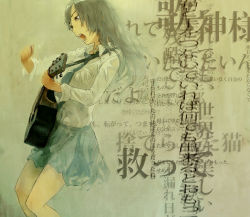 Rule 34 | 1girl, acoustic guitar, bad id, bad pixiv id, brown hair, grey eyes, guitar, instrument, necktie, nimirom, original, skirt, solo, wall of text