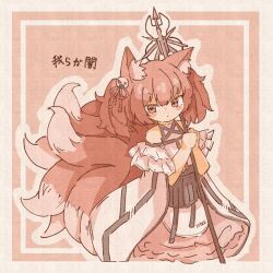 Rule 34 | 1girl, alternate tail, animal ear fluff, animal ears, arknights, bare shoulders, blush stickers, commentary request, cosplay, dress, fox ears, fox tail, frilled sleeves, frills, hair ornament, hinagi (windy5637), holding, holding staff, kitsune, kyuubi, medium hair, multiple tails, pink eyes, pink hair, pink theme, shamare (arknights), solo, staff, suzuran (arknights), suzuran (arknights) (cosplay), tail, translated, twintails