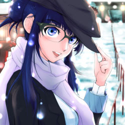 Rule 34 | 1girl, aquaplus, arm up, black jacket, blazer, blue eyes, blue hair, breasts, fence, fingernails, from behind, from side, glasses, hair between eyes, hair over shoulder, hair up, hat, highres, jacket, large breasts, lips, long hair, long sleeves, looking at viewer, nondocray, nose, open mouth, outdoors, purple scarf, raised eyebrows, scarf, sidelocks, snow, snowing, solo, teeth, tongue, torii, touma kazusa, upper body, white album, white album (series), white album 2