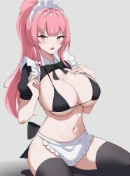 Rule 34 | angry, apron, bikini, black bikini, black thighhighs, blush, breast focus, breasts, hand on own chest, highres, hololive, hololive english, kneeling, large breasts, looking at viewer, maid, maid apron, maid bikini, mori calliope, pink eyes, pink hair, ponytail, spread legs, swimsuit, thighhighs, unconventional maid, virtual youtuber, white background, zeropen