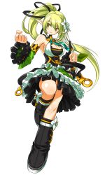 Rule 34 | 1girl, black footwear, black ribbon, boots, breasts, cleavage, clenched hand, detached sleeves, elsword, flower, frills, full body, green eyes, green hair, hair flower, hair ornament, hair ribbon, highres, knee boots, long hair, matching hair/eyes, official art, pointy ears, ponytail, rena erindel, ress, ribbon, smile, solo, transparent background, very long hair, wind sneaker (elsword)