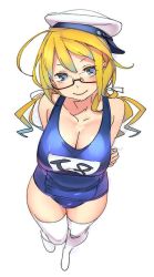 Rule 34 | 10s, 1girl, arms behind back, blonde hair, blue eyes, blue one-piece swimsuit, breasts, cleavage, full body, glasses, hat, i-8 (kancolle), kantai collection, large breasts, long hair, looking at viewer, nishieda, one-piece swimsuit, sailor hat, school swimsuit, simple background, smile, solo, swimsuit, thighhighs