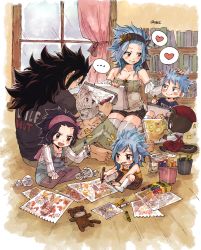 Rule 34 | 2boys, 3girls, :d, bad id, bad tumblr id, black hair, black shirt, black shorts, blue hair, blush, bookshelf, breasts, brown nails, brown pants, brown shorts, cleavage, detached sleeves, eye contact, fairy tail, fang, gajeel redfox, grin, hand on another&#039;s head, headband, heart, highres, holding, holding pen, if they mated, indian style, indoors, levy mcgarden, long hair, looking at another, multiple boys, multiple girls, nail polish, open mouth, overalls, pantherlily, pants, pantyhose, pen, rusky, shirt, short shorts, short sleeves, shorts, signature, sitting, sketch, sketchbook, sketching, sleeveless, small breasts, smile, striped clothes, striped shirt, thighhighs, vertical-striped clothes, vertical-striped shirt, very long hair, window, wooden floor, zettai ryouiki