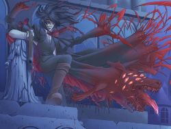 Rule 34 | 1boy, alucard (hellsing), baskerville, black hair, boots, church, coat, colored skin, dog, extra eyes, formal, from below, glasses, gloves, gun, handgun, hellsing, hellsing arms 13mm auto anti-freak combat pistol: jackal, long hair, male focus, monster, necktie, open mouth, overcoat, phallic symbol, pistol, red eyes, saliva, sitting, smirk, solo, statue, suit, sunglasses, tongue, tongue out, torn clothes, vampire, wallpaper, weapon, white gloves, white skin, wind