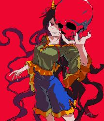 Rule 34 | 1girl, absurdres, black hair, blue shorts, breasts, collarbone, feet out of frame, fingernails, green shirt, grin, highres, horns, long fingernails, long hair, luhua xiedai, nail polish, nippaku zanmu, oni horns, red background, red eyes, red nails, sharp fingernails, shirt, short sleeves, shorts, simple background, skull, small breasts, smile, solo, touhou, wide sleeves, yellow horns