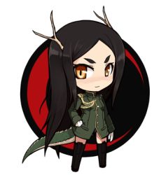 Rule 34 | 1girl, aiguillette, animal ears, antlers, black hair, chibi, dragon girl, dragon horns, dragon tail, eyebrows, fusou empire princess, horns, long hair, lowres, military, military uniform, monster girl, null (nyanpyoun), strike witches, strike witches zero, tail, transparent background, uniform, world witches series