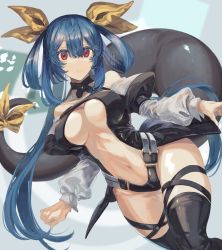 Rule 34 | 1girl, belt, black choker, black panties, black thighhighs, blue hair, breasts, center opening, choker, cleavage, collarbone, commission, detached sleeves, dizzy (guilty gear), guilty gear, guilty gear x, guilty gear xx, hair between eyes, hair ribbon, hair rings, highres, large breasts, long hair, long sleeves, looking at viewer, monster girl, navel, no wings, oeillet vie, panties, parted lips, puffy long sleeves, puffy sleeves, red eyes, ribbon, sidelocks, simple background, skeb commission, skindentation, solo, stomach, tail, tail ornament, tail ribbon, thick thighs, thigh gap, thigh strap, thighhighs, thighs, twintails, underboob, underwear, wings, yellow ribbon