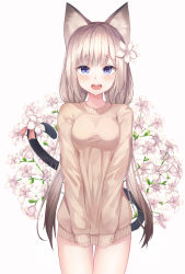 Rule 34 | 1girl, animal ear fluff, animal ears, blue eyes, blush, breasts, brown hair, brown sweater, cat, cat ears, cat girl, cat tail, commentary request, flower, hair flower, hair ornament, highres, long hair, long sleeves, looking at viewer, low twintails, md5 mismatch, medium breasts, open mouth, original, personification, resolution mismatch, shiro (acad1213), siamese cat, simple background, sleeves past wrists, solo, source larger, sweater, tail, teeth, thigh gap, twintails, upper teeth only, very long hair, white background, white flower