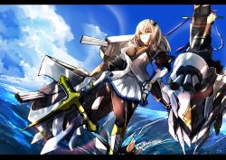 Rule 34 | 1girl, armor, azur lane, blue sky, breastplate, breasts, brown pantyhose, cannon, closed mouth, cloud, corset, day, diamond (shape), fleur-de-lis, floating hair, gauntlets, grey hair, hair between eyes, hair ornament, highres, holding, holding polearm, holding weapon, large breasts, letterboxed, long hair, long sleeves, looking afar, looking at viewer, machinery, miniskirt, mole, mole under eye, ocean, otsunabe (naabe delta), outdoors, pantyhose, parted lips, pleated skirt, polearm, red eyes, rigging, saint-louis (azur lane), sidelocks, skirt, sky, smile, solo, spear, standing, standing on liquid, waves, weapon, white footwear, white skirt, wind, wind lift