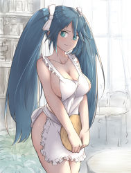 Rule 34 | 1girl, ahchih, apron, blue eyes, blue hair, breasts, cowboy shot, frilled apron, frills, hair ribbon, highres, indoors, isuzu (kancolle), kantai collection, large breasts, long hair, looking at viewer, naked apron, no bra, no panties, ribbon, solo, standing, table, tray, twintails, v arms, white apron, white ribbon, window