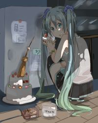Rule 34 | 1girl, 39, bad id, bad pixiv id, boots, bracelet, cake, eating, food, food on face, green eyes, green hair, hatsune miku, jewelry, long hair, looking back, matching hair/eyes, scrunchie, sena (illust-cat-love), sena (piyotan79), skirt, solo, squatting, thigh boots, thighhighs, twintails, very long hair, vocaloid