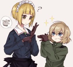 Rule 34 | 2girls, ?, apron, bad id, bad twitter id, black gloves, blonde hair, blue eyes, blue jacket, blunt bangs, commentary, cutlass (girls und panzer), dog, fox shadow puppet, frilled apron, frills, girls und panzer, glove pull, gloves, green jumpsuit, imagining, jacket, jumpsuit, katyusha (girls und panzer), light frown, long sleeves, looking at viewer, maid headdress, military, military uniform, multiple girls, ooarai military uniform, pravda military uniform, shirt, short hair, smirk, sparkle, standing, thought bubble, uniform, waist apron, yellow eyes, yuuyu (777)