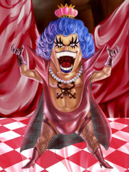 Rule 34 | 1boy, boots, cape, checkered floor, crown, curtains, emporio ivankov, fishnets, floor, gloves, high heels, highres, jewelry, jolly roger, laughter, lipstick, makeup, male focus, muscular, necklace, one piece, open clothes, open mouth, open shirt, purple hair, shirt, shoes, solo, tattoo, thighhighs