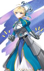 Rule 34 | 1girl, absurdres, ahoge, armor, armored dress, artoria pendragon (all), artoria pendragon (fate), blonde hair, blue archive, blue eyes, blue ribbon, blush, braid, breastplate, closed mouth, cosplay, double v, fate/grand order, fate (series), feet out of frame, gauntlets, hair ribbon, halo, highres, juliet sleeves, long sleeves, looking at viewer, puffy sleeves, renirum 14, ribbon, saber (fate), saber (fate) (cosplay), short hair, simple background, solo, toki (blue archive), v
