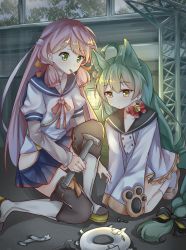Rule 34 | 2girls, absurdres, ahoge, akashi (azur lane), akashi (kancolle), animal ears, azur lane, bell, blue skirt, bow, cat ears, choker, commentary request, crossover, dress, enemy lifebuoy (kancolle), green eyes, green hair, hair between eyes, hair ribbon, highres, hip vent, historical name connection, jingle bell, kantai collection, long hair, long sleeves, low-tied long hair, mouth hold, multiple girls, name connection, neck bell, pink hair, pleated skirt, red bow, ribbon, ribbon choker, sailor dress, scarlet dango, school uniform, screwdriver, serafuku, skirt, sleeves past fingers, sleeves past wrists, thighhighs, tress ribbon, white dress, wrench, yellow eyes