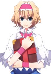 Rule 34 | 1girl, alice margatroid, ashiwara yuu, blonde hair, blue eyes, book, hugging book, capelet, hairband, highres, holding, holding book, looking at viewer, hugging object, short hair, solo, touhou, wristband