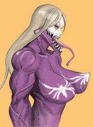 Rule 34 | 1girl, animal print, blonde hair, blue eyes, bodysuit, breasts, covered erect nipples, fangs, female focus, large breasts, long hair, long tongue, marvel, muscular, sharp teeth, she-venom, shibusun, simple background, skin tight, solo, spider-man (series), spider print, teeth, tongue, tongue out, venom (marvel)
