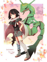 Rule 34 | 1girl, artist request, backless outfit, black hair, cape, creatures (company), dated, dragon, game freak, gen 3 pokemon, girl and dragon, highres, legendary pokemon, nintendo, pokemon, pokemon (creature), pokemon oras, rayquaza, short pants, short shorts, shorts, smile, tail, teeth, zinnia (pokemon)