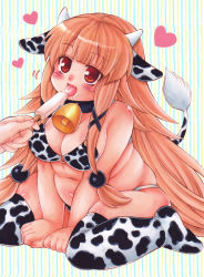 Rule 34 | 1girl, animal ears, animal print, beads, bell, neck bell, bikini, blush, borrowed character, breasts, brown eyes, brown hair, cleavage, collar, cow ears, cow girl, cow print, cow tail, fat, feeding, food, full body, hair beads, hair ornament, heart, horns, kikira&#039;s cow girl, large breasts, long hair, navel, obese, orange hair, original, popsicle, shira (kunseitamago), smile, solo focus, swimsuit, tail, tongue, tongue out