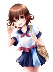 Rule 34 | 1girl, bag, black sailor collar, black skirt, brown eyes, brown hair, casual, commentary request, cowboy shot, gradient hair, highres, kantai collection, kuroneko86, leaning to the side, looking at viewer, multicolored hair, mutsuki (kancolle), one-hour drawing challenge, pleated skirt, red hair, sailor collar, sailor shirt, shirt, short hair, simple background, skirt, smile, solo, white background