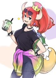 Rule 34 | 1girl, alternate hair color, backpack, bag, black shirt, blouse, blue eyes, bowsette, bracelet, breasts, bubble tea, casual, clothes around waist, collar, contemporary, crown, cup, denim, eyewear on head, fang, fang out, hand on own hip, holding, holding cup, horns, jeans, jewelry, keiryuu seo, large breasts, long hair, looking at viewer, mario (series), new super mario bros. u deluxe, nintendo, open mouth, pants, ponytail, red hair, shirt, simple background, solo, spiked bracelet, spiked collar, spikes, standing, sunglasses, super crown, sweater, sweater around waist, t-shirt, tail