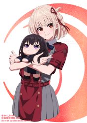 Rule 34 | 2girls, aoi suzu, belt, black hair, blonde hair, character doll, collared shirt, commentary request, doll, grey skirt, grin, hair ribbon, highres, holding, holding doll, inoue takina, looking at viewer, lycoris recoil, lycoris uniform, multicolored clothes, multicolored skirt, multiple girls, nishikigi chisato, pleated skirt, purple eyes, red belt, red eyes, red ribbon, red skirt, ribbon, shirt, short hair, skirt, smile