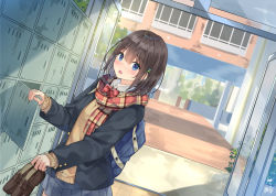 Rule 34 | 1girl, :o, bag, black hair, black jacket, blazer, blue eyes, blue skirt, bow, bowtie, breasts, brown footwear, building, commentary request, duffel bag, dutch angle, fringe trim, getabako, hair ornament, hairclip, holding, holding shoes, indoors, jacket, loafers, long sleeves, miko fly, miniskirt, multicolored clothes, multicolored scarf, open clothes, open door, open jacket, open mouth, original, plaid, plaid bow, plaid neckwear, plaid scarf, pleated skirt, red bow, red neckwear, scarf, school, school uniform, shoes, unworn shoes, short hair, skirt, sleeves past wrists, wing collar