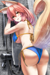 Rule 34 | 1girl, animal ear fluff, animal ears, ass, back, bare shoulders, bikini, blue bikini, blush, breasts, fate/grand order, fate (series), fox ears, fox girl, fox tail, highres, large breasts, long hair, looking at viewer, looking back, open mouth, pink hair, sidelocks, smile, solo, swimsuit, tail, tamamo (fate), tamamo no mae (fate/extra), tamamo no mae (swimsuit lancer) (fate), thighs, totororo, yellow eyes