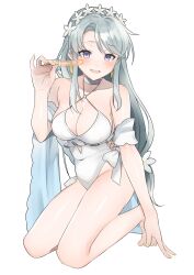 Rule 34 | 1girl, bare arms, bare legs, bare shoulders, barefoot, blush, breasts, choker, cleavage, commission, flower, food, grey background, grey hair, hair flower, hair ornament, highres, holding, holding food, kantai collection, large breasts, long hair, o-ring, o-ring swimsuit, official alternate costume, one-piece swimsuit, open mouth, purple eyes, sagiri (kancolle), sagiri kai (swimsuit mode) (kancolle), simple background, skeb commission, smile, solo, swimsuit, toes, toriniku senshi chikinman, white choker, white flower, white one-piece swimsuit