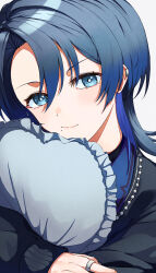 Rule 34 | 1girl, absurdres, black jacket, blue eyes, blue hair, blue theme, closed mouth, commentary request, dark blue hair, earclip, forehead, highres, hiodoshi ao, hololive, hololive dev is, hugging object, jacket, light blush, looking at viewer, mole, mole under mouth, nazca (yhan mie), pillow, pillow hug, solo, upper body, virtual youtuber