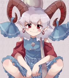 Rule 34 | 1girl, bare shoulders, blue dress, blue ribbon, blush, breasts, closed mouth, commentary request, curly hair, daiwa uho, dress, earrings, feet out of frame, grey background, happy, head tilt, highres, holding, holding spork, horn ornament, horn ribbon, horns, jewelry, looking at viewer, meandros, medium hair, oversized object, patterned clothing, pointy ears, red horns, red sleeves, ribbon, sheep horns, simple background, small breasts, smile, solo, spork, squatting, touhou, toutetsu yuuma, unfinished dream of all living ghost, upper body, utensil