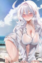 Rule 34 | 1girl, absurdres, ahoge, all fours, antenna hair, beach, blue sky, blush, breasts, cleavage, closed mouth, cloud, collarbone, commentary request, day, dolechan, dress shirt, hair between eyes, heavy breathing, highres, large breasts, long hair, looking at viewer, naked shirt, ocean, original, outdoors, purple eyes, shirt, sidelocks, sky, smile, solo, sweat, variant set, white hair, white shirt