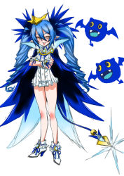Rule 34 | 1girl, :d, blue cape, blue hair, blue ribbon, blue tail, bombergirl, brooch, cape, center frills, crossed arms, dress, drill hair, frills, gloves, hair between eyes, high heels, jewelry, lewisia aquablue, long hair, microdress, open mouth, pansy orchid, pointy ears, ribbon, shoes, simple background, smile, standing, tail, teeth, tongue, tongue out, twin drills, white background, white dress, white footwear, white gloves, yellow eyes