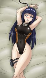 Rule 34 | 1girl, blue hair, blush, breasts, cameltoe, competition swimsuit, covered navel, deadmoon (kein2002), highres, hyuuga hinata, large breasts, long hair, lying, naruto, naruto (series), on back, one-piece swimsuit, open mouth, solo, swimsuit, white eyes
