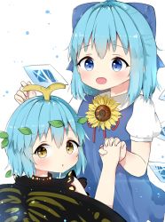 Rule 34 | 2girls, antennae, aqua hair, bad id, bad pixiv id, blue bow, blue dress, blue eyes, blue hair, blush, bow, brown eyes, butterfly wings, cirno, collared shirt, detached wings, dress, eternity larva, fairy, fang, flower, hair between eyes, hair bow, ice, ice wings, insect wings, leaf, leaf on head, multicolored clothes, multicolored dress, multiple girls, open mouth, parted lips, poco (zdrq3), puffy short sleeves, puffy sleeves, shirt, short hair, short sleeves, simple background, smile, sunflower, touhou, white background, white shirt, wings, yellow flower