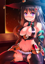 Rule 34 | 1girl, aqua bow, armor, bad id, bad pixiv id, bare shoulders, black gloves, black hair, black panties, black thighhighs, blush, bow, bowtie, breasts, brooch, chair, cleavage, closed mouth, fantasy, fingerless gloves, frills, glass, gloves, hair ornament, hat, heart, higa, jewelry, large breasts, long hair, midriff, navel, on chair, original, panties, purple eyes, revealing clothes, sideboob, sitting, smile, snow, snowing, solo, spread legs, table, thighhighs, underwear, window, witch hat, wooden table