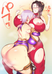 Rule 34 | 2girls, armor, ass, bearhug, bodysuit, breast smother, breasts, buta (machineswine), clenched teeth, face to breasts, gigantic breasts, highres, huge ass, isabella valentine, leotard, multiple girls, ninja, pauldrons, ponytail, purple hair, revealing clothes, ryona, shoulder armor, soul calibur, soulcalibur, soulcalibur iv, sweat, taki (soulcalibur), teeth, thick thighs, thighs, thong leotard, torn clothes