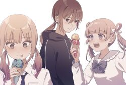 Rule 34 | 3girls, :d, black bow, black hoodie, black necktie, blush, bow, brown eyes, brown hair, collared shirt, commentary request, double scoop, drawstring, food, frills, hair between eyes, hair rings, highres, holding, holding food, hood, hood down, hoodie, ice cream, ice cream cone, long hair, low ponytail, low twintails, multiple girls, necktie, open mouth, original, ponytail, shirt, simple background, smile, teeth, tongue, tongue out, tsuruse, twintails, upper teeth only, white background, white shirt