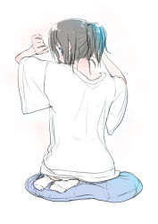 Rule 34 | aoki shin, back, blue eyes, brown hair, from behind, looking back, oversized clothes, ponytail, shirt, sitting, socks, solo, t-shirt