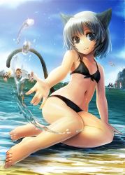 Rule 34 | 6+girls, animal ears, barefoot, bikini, black eyes, blonde hair, breasts, brown hair, cat ears, cat tail, charlotte e. yeager, cleavage, cloud, day, erica hartmann, feet, flying, francesca lucchini, freeze-ex, gertrud barkhorn, looking at viewer, lynette bishop, minna-dietlinde wilcke, miyafuji yoshika, multiple girls, navel, outdoors, outstretched hand, partially submerged, perrine h. clostermann, sakamoto mio, sanya v. litvyak, short hair, silhouette demon, silver hair, sitting, sky, small breasts, smile, solo focus, splashing, strike witches, sunlight, swimsuit, tail, toes, water, water drop, world witches series, yokozuwari