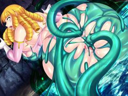 Rule 34 | 1girl, anal, anus, ass, blonde hair, bottomless, braid, breasts, censored, double penetration, game cg, huge breasts, ma wo haramu buki, monster, multiple penetration, pichipichi garou r, pussy, slime, torn clothes, vaginal