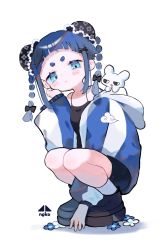 Rule 34 | 1girl, blue hair, blunt bangs, braid, chinese clothes, closed mouth, cotono (nazekun), flower, full body, glaring, highres, jacket, jitome, long sleeves, original, platform footwear, rabbit, shorts, solo, squatting, thick eyebrows, track jacket, track suit, twin braids, white background, wide sleeves