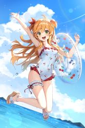 Rule 34 | 1girl, :d, blue sky, cloud, commentary, covered navel, day, highres, holding, holding swim ring, innertube, jumping, long hair, looking at viewer, ocean, one-piece swimsuit, open mouth, orange hair, original, outdoors, pine (angel4195202), sky, smile, solo, summer, swim ring, swimsuit, symbol-only commentary, white one-piece swimsuit