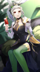Rule 34 | 1girl, absurdres, alternate costume, animal ears, black lips, breasts, cup, fire emblem, fire emblem heroes, glass, green nails, grey hair, highres, holding, holding cup, ikura (downdexp), large breasts, letizia (fire emblem), lipstick, long sleeves, looking at viewer, makeup, medium hair, nail polish, nintendo, ponytail, rabbit ears, red eyes, sitting, smile, solo, thighhighs