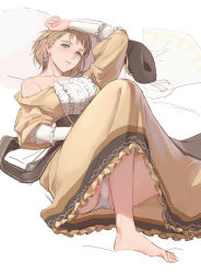 Rule 34 | 1girl, arm up, bare shoulders, barefoot, blush, breasts, brown hair, collarbone, dress, fire emblem, fire emblem: three houses, hat, unworn hat, unworn headwear, highres, kisetsu, knee up, large breasts, light blush, looking at viewer, lying, mercedes von martritz, nintendo, on back, panties, pantyshot, parted lips, short hair, solo, toes, underwear, white panties