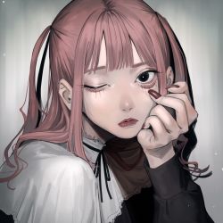 Rule 34 | 1girl, akanbe, bags under eyes, black eyes, capelet, daikon (tomohiro158), eyelid pull, female focus, fingernails, highres, lips, lipstick, long fingernails, looking at viewer, makeup, nail polish, one eye closed, original, pink hair, solo, tongue, tongue out, two side up, white capelet