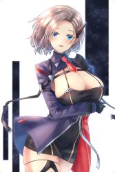 Rule 34 | 1girl, arm under breasts, azur lane, black dress, black gloves, black thighhighs, blue coat, blue eyes, blush, breasts, cleavage, coat, collared coat, commentary, cowboy shot, dress, forehead, gloves, hair ornament, hand up, large breasts, light smile, long sleeves, looking at viewer, multicolored coat, necktie, new orleans (azur lane), notofuku, parted bangs, parted lips, red coat, red necktie, short hair, short necktie, sidelocks, silver hair, skindentation, solo, standing, taut clothes, taut dress, thighhighs, two-tone coat, underbust, white background