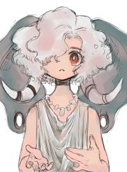 Rule 34 | 1other, androgynous, animal ears, bright pupils, choker, closed mouth, elephant ears, fingernails, grey hair, hair over one eye, highres, jewelry, looking at viewer, medium hair, necklace, one eye covered, original, red eyes, robe, shima (wansyon144), simple background, tooth necklace, tusks, upper body, white background, white pupils